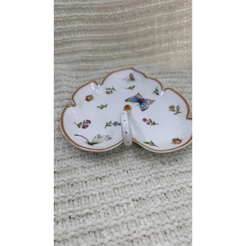 I Godinger & Co Leaf Dish Butterfly Porcelain Trinket‎ Dish Candy Tray Gold Trim